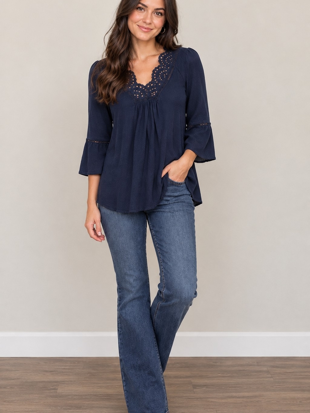 Daniel Rainn Navy Eyelet V-Neck Peasant Top
